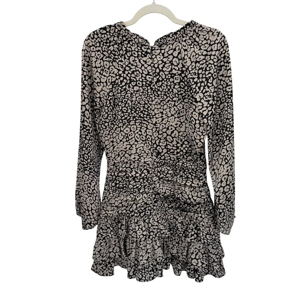 Skies Are Blue Leopard Print Ruched Tiered Ruffle Mini Dress Tan‎ Black 98546
